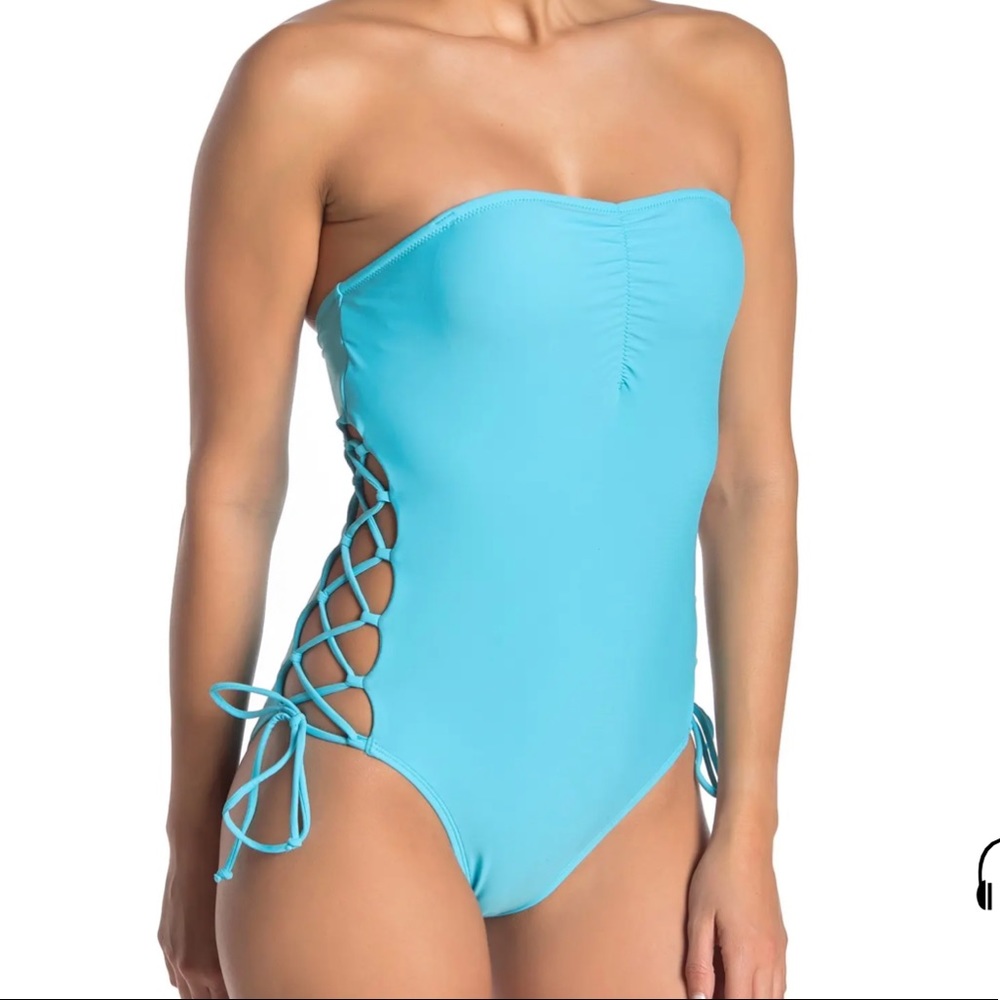 RACHEL Roy Lace Up Side One Piece Strapless Bandeau Swimsuit w Strap
